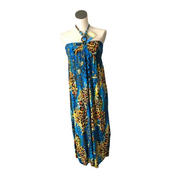 Maxi Dress Blue Womens Large Bathing Suit Cover MuMu Silk Blend Elastic Back NWT - Picture 4 of 9